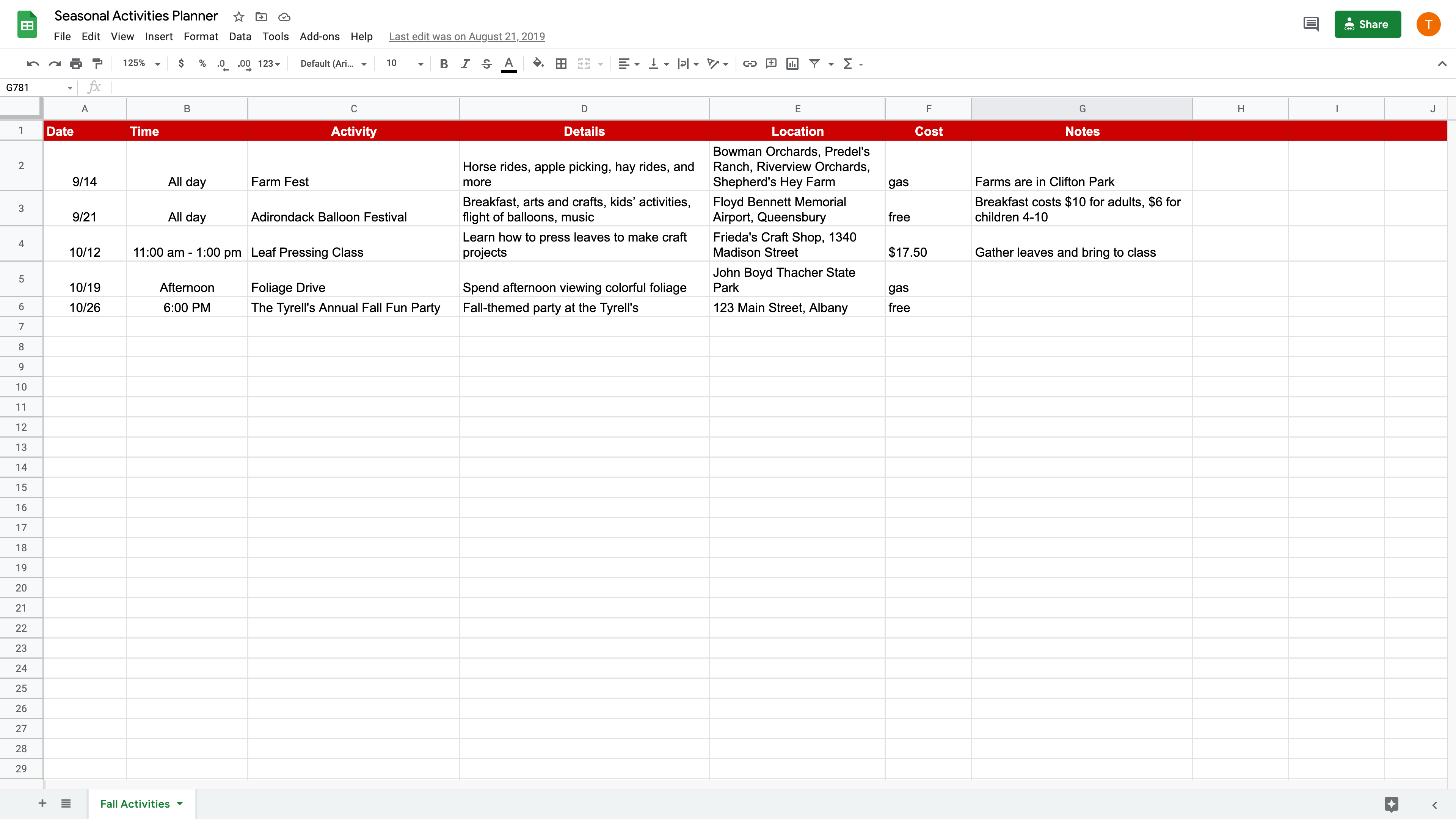 Plan Seasonal Activities in Google Sheets Applied Digital Skills